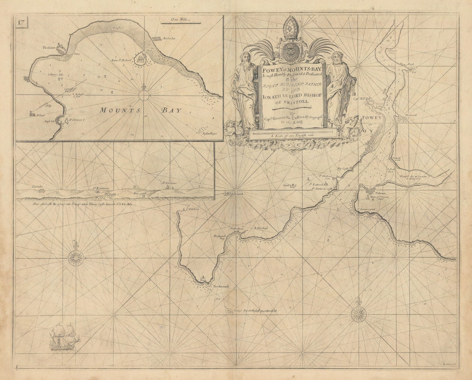 FOWEY & MOUNTS BAY sea chart. Polruan Bodinnick Penzance. COLLINS 1723 old map